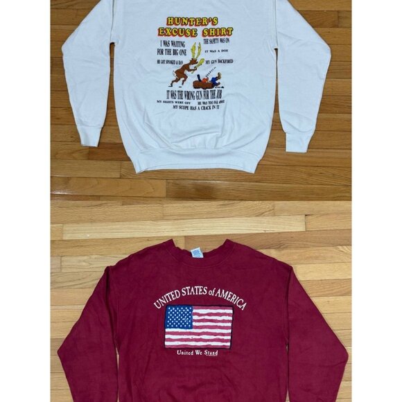 Lot of 2 Vintage Sweatshirts Size L – USA Flag & Hunter Cartoon – Made in USA - Picture 1 of 16